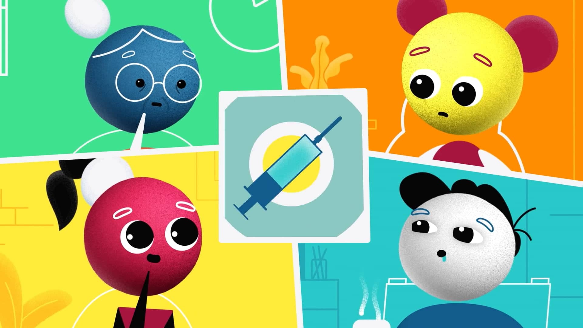 Animation of four characters in different situations. In the center a vaccine
