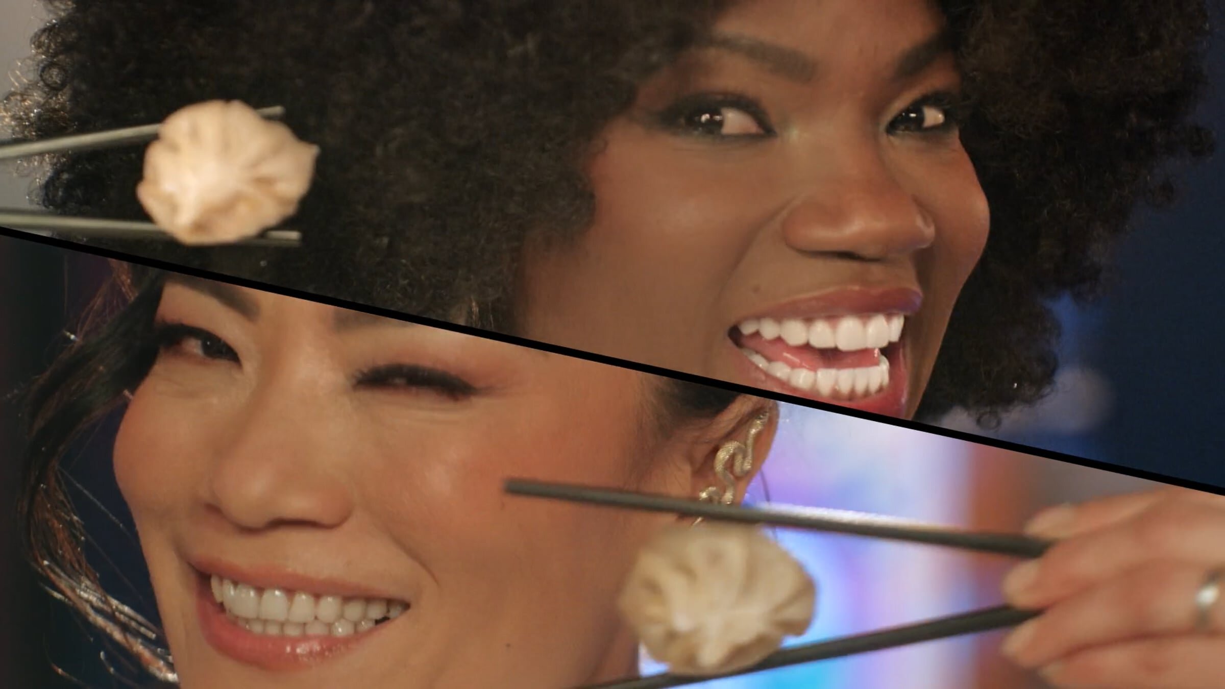 Shirley Chung & ChikiBomBom smile while holding a dumpling